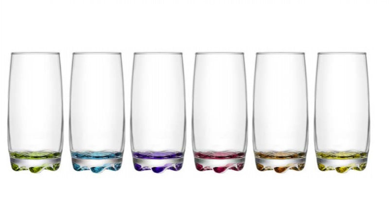 Highball Cocktail Glasses. Coloured Base Highball Glass Set. (Pack of 6) (390 cc/ml)