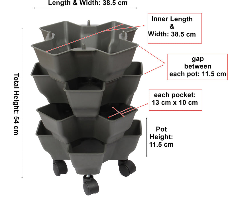 Stacking Garden Flower Tower Pot. Plastic Planter Pot with Wheels. (4x4 Pocket).