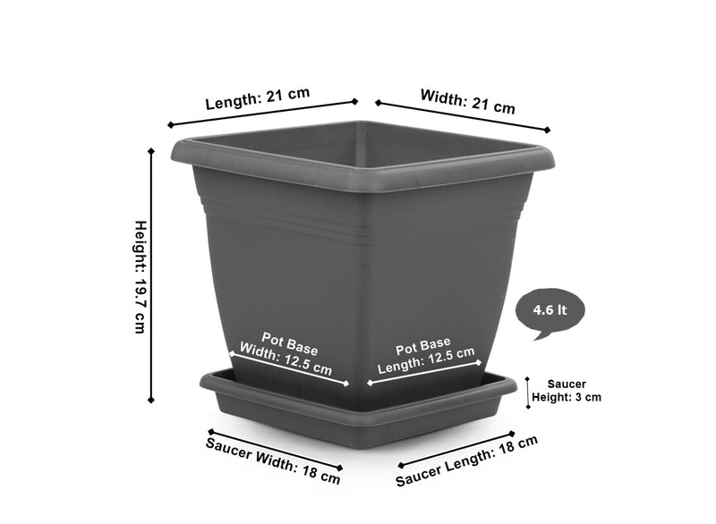 Plastic Square Flower Plant Pot & Saucer. Grooved Base In and Outdoor. (6 Sizes)