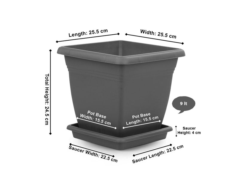 Plastic Square Flower Plant Pot & Saucer. Grooved Base In and Outdoor. (6 Sizes)