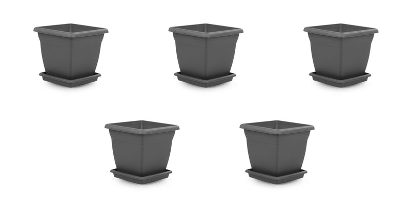 Plastic Square Flower Plant Pot & Saucer. Grooved Base In and Outdoor. (6 Sizes)