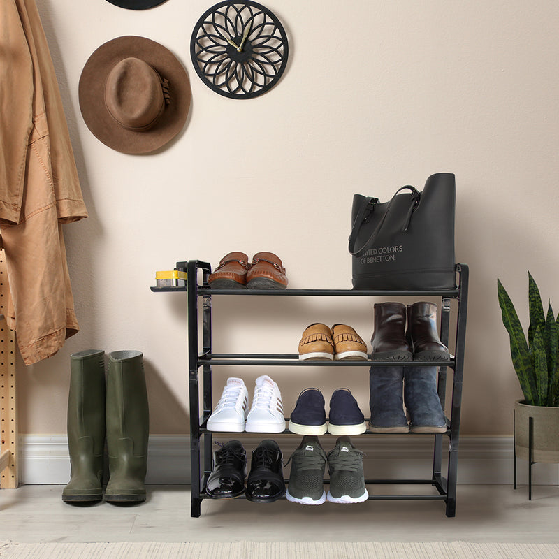 4 Tier Shoe Rack. (up to 12 Pair) Shoe Storage Shelf with Storage Area. Shoe Stand.