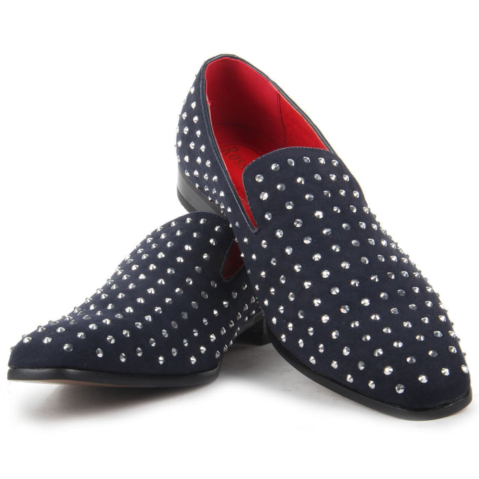 Studded Shoes Rhinestones Faux Suede Loafers - Baldoria (Suede Navy)