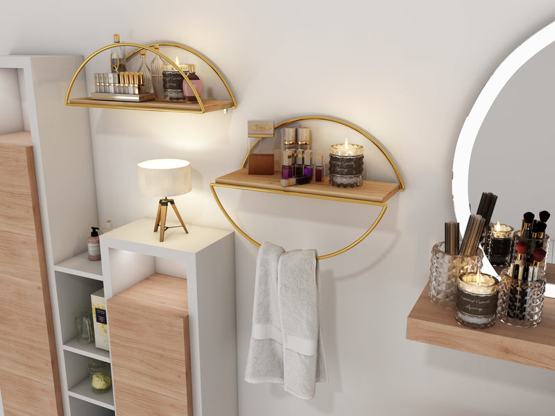 Decorative Mounted Wall Shelf. Ellipse Shape Unit Rack. (Pack of 2) (Gold Metal & Solid Wood)