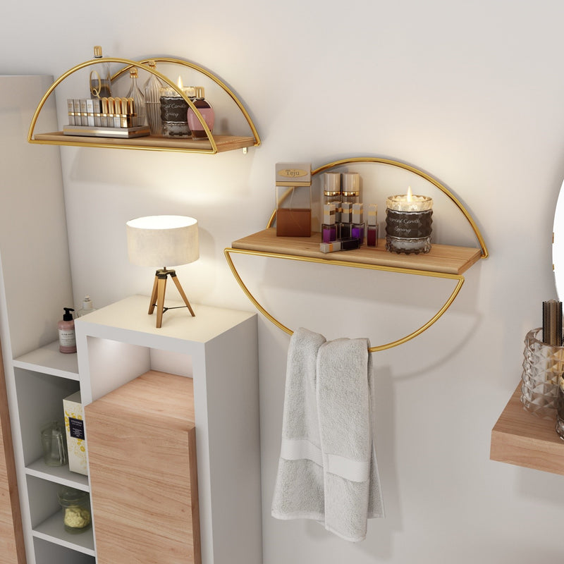 Decorative Mounted Wall Shelf. Ellipse Shape Unit Rack. (Pack of 2) (Gold Metal & Solid Wood)