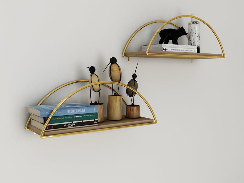 Decorative Mounted Wall Shelf. Ellipse Shape Unit Rack. (Pack of 3) (Gold Metal & Solid Wood)