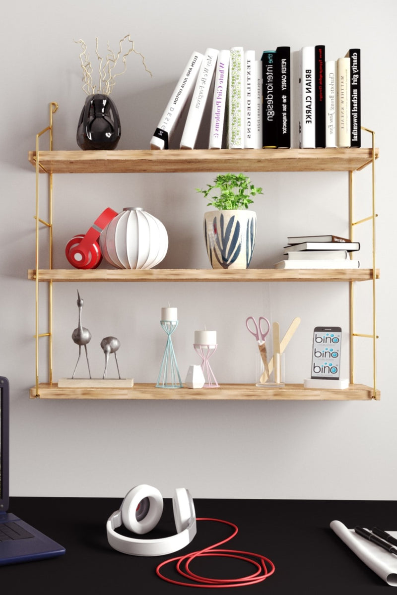 3 Tier Mounted Wall Floating Shelves. Decorative Shelf.(Gold Metal & Solid Wood)