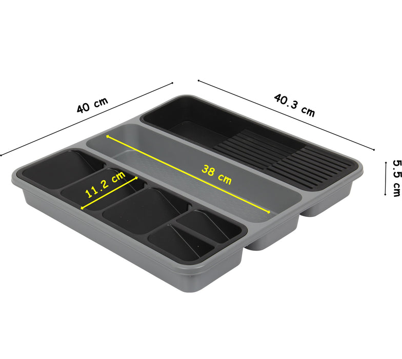 Large Cutlery Tray. 6 Compartments Kitchen Drawer Organiser. (Black & Grey)