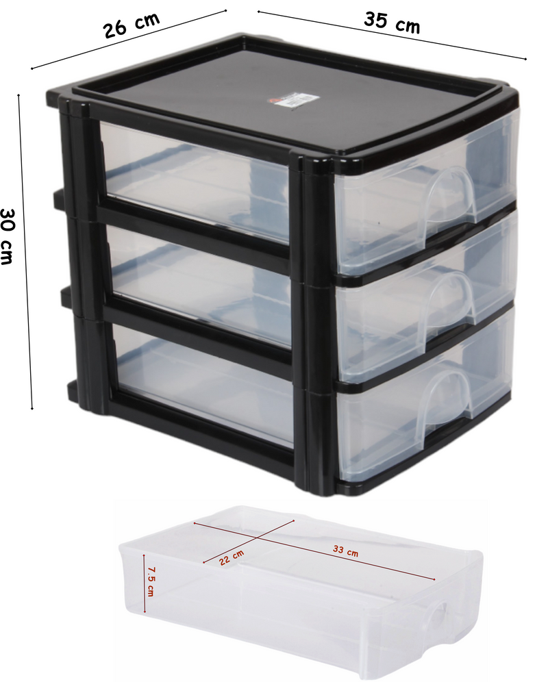 A4 Size Storage Drawers. 3 Tier Desktop Organiser. (Black)