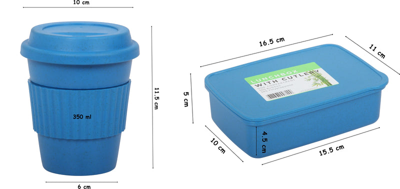 Lunch Box with Cutlery. Coffee Hot Drink Cup. Reusable Lunch Box Set. (Blue)