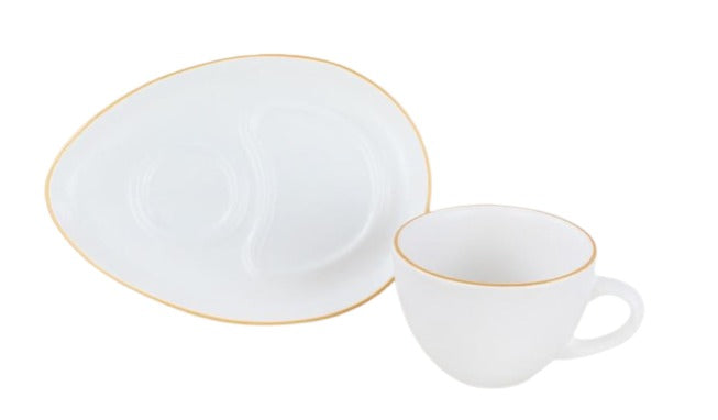 Coffee Cup & Snack Plate Set. Stoneware Matte Cups & Saucer. (White) (Set of 2)