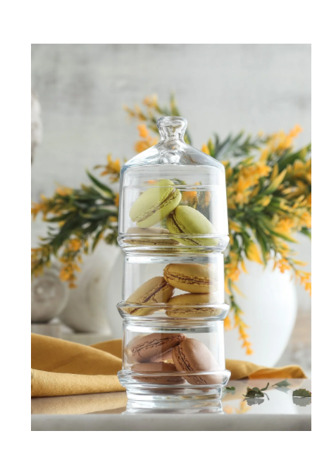 2x 3 Tier Glass Patisserie Domed Jar. Decorative Macaron Cookie Containers.