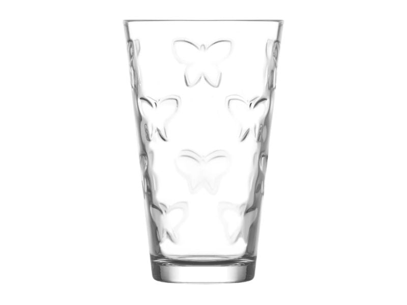 Highball Everyday Drinking Glasses. Butterfly Embossed Glass. (Set of 6) (325ml)