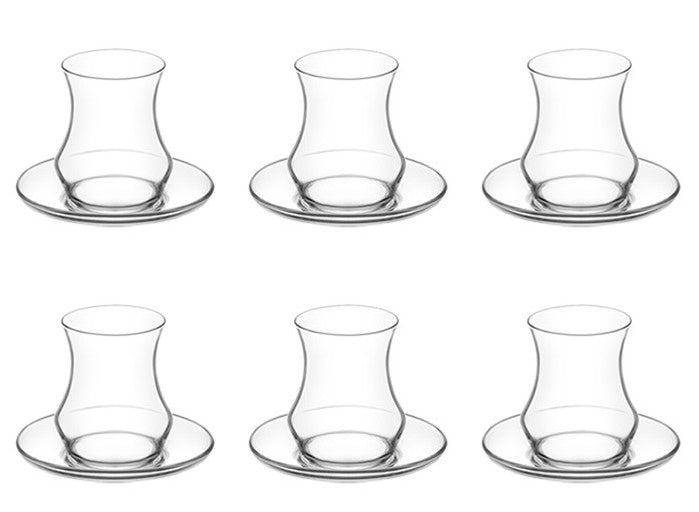 Turkish Tea Glasses & Saucers. Contemporary Glass Teacup and Saucer Set. 12 Pieces (6 Glasses & 6 Saucers)