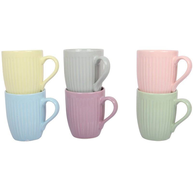Stoneware Tea Coffee Cups. Coloured Lined Style Mugs. (Pack of 6) (300 cc/ml)
