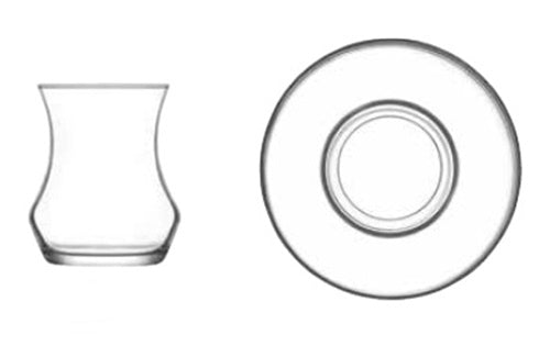 Turkish Tea Glasses & Saucers. Contemporary Glass Teacup and Saucer Set. 12 Pieces (6 Glasses & 6 Saucers)
