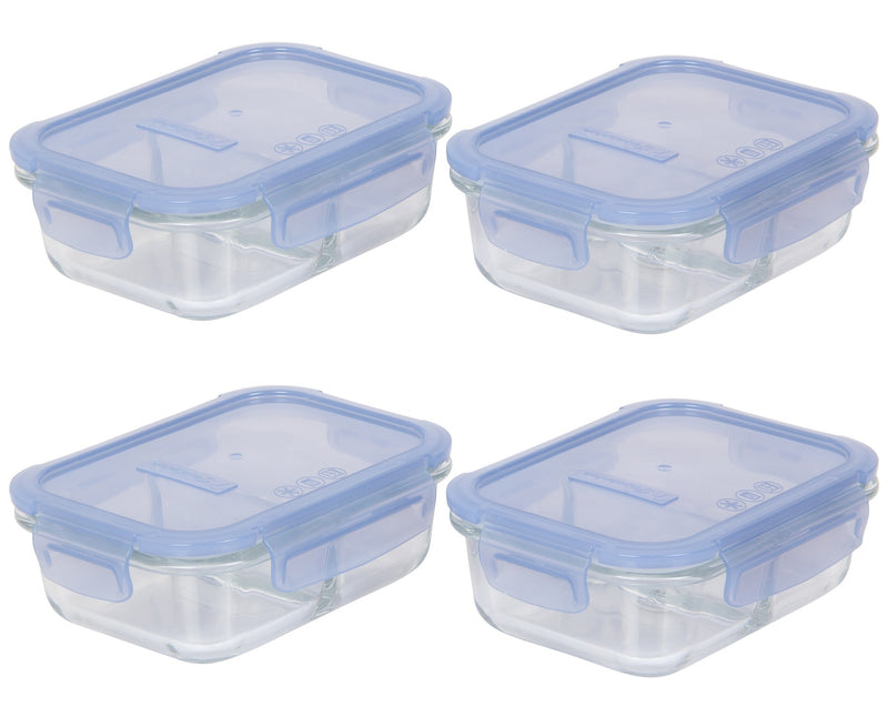 2 Compartment Glass Food Storage Containers with Lid. Blue. (Set of 4) (630 ml)
