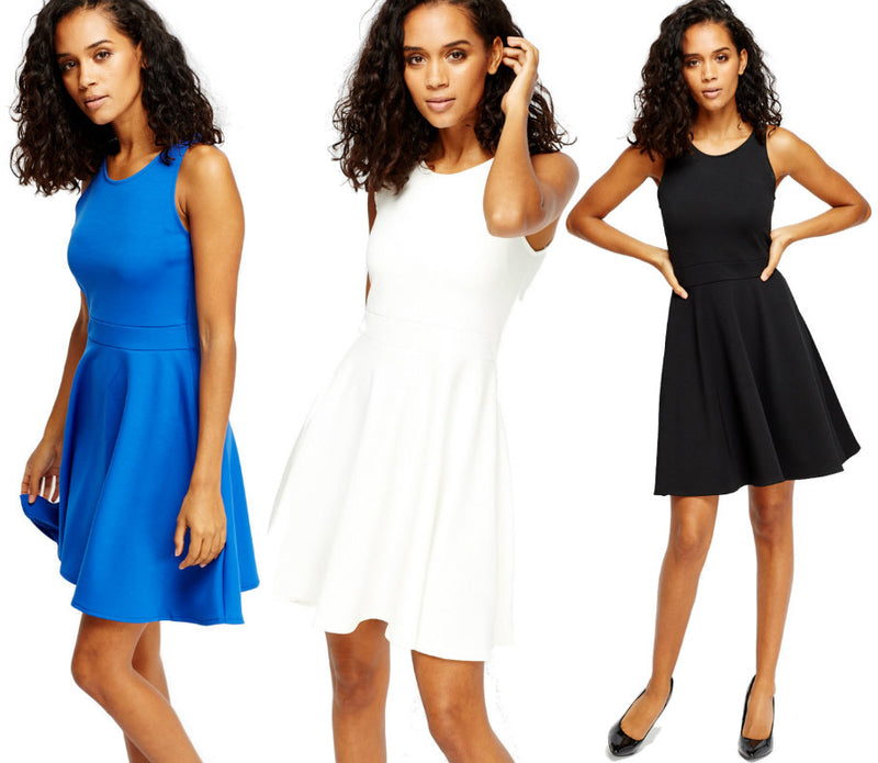 Womens Ladies Slip On Sleeveless Boat Neck Skater Dress Bodycon Casual Size 8 to 14