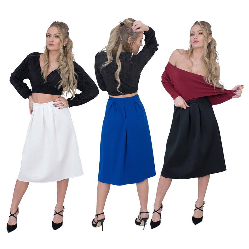 Women Skater Skirt, Plain Slip On Pleated Maxi Skirt Elasticated Waist Sizes 8 to 16