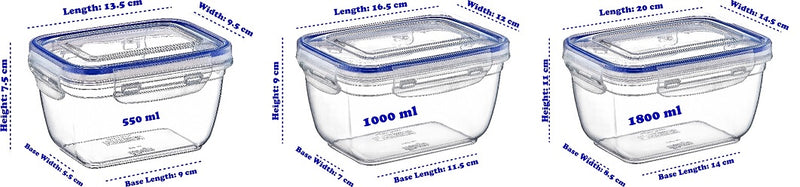 Plastic Rectangle Food Storage Container with Lid. (3 pcs) (550/1000/1800 ml).