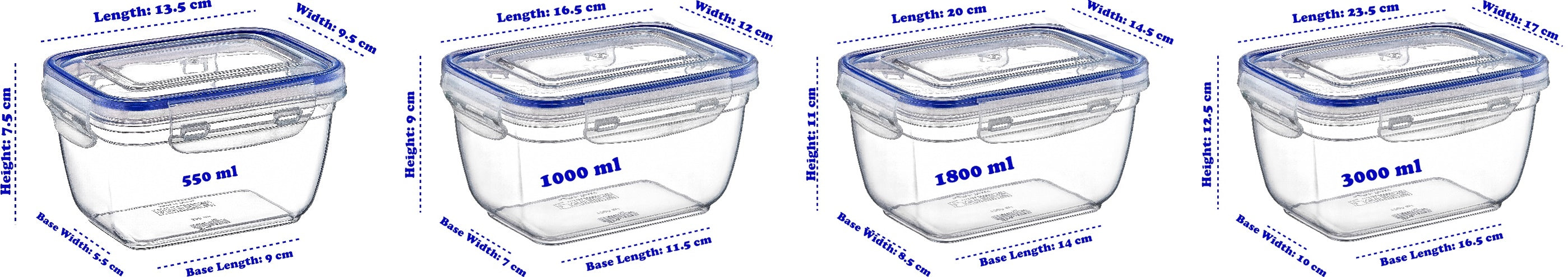 Plastic Rectangle Food Storage Container with Lid. (4 pcs) (550/1000/1800/3000 ml).