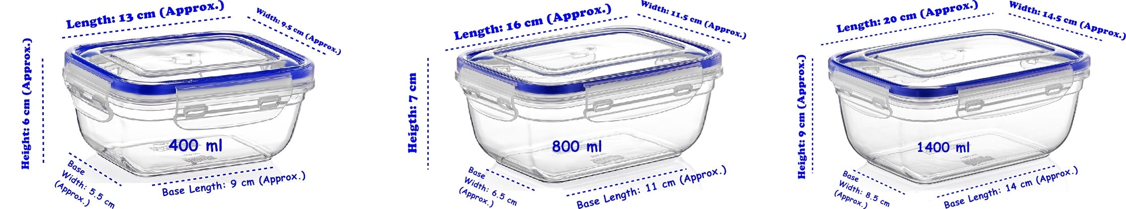 Plastic Rectangle Food Storage Container with Lid. (3 pcs) (400/800/1400 ml).