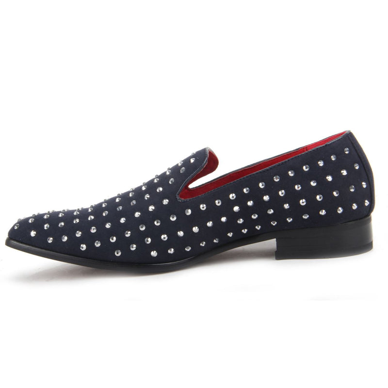 Studded Shoes Rhinestones Faux Suede Loafers - Baldoria (Suede Navy)
