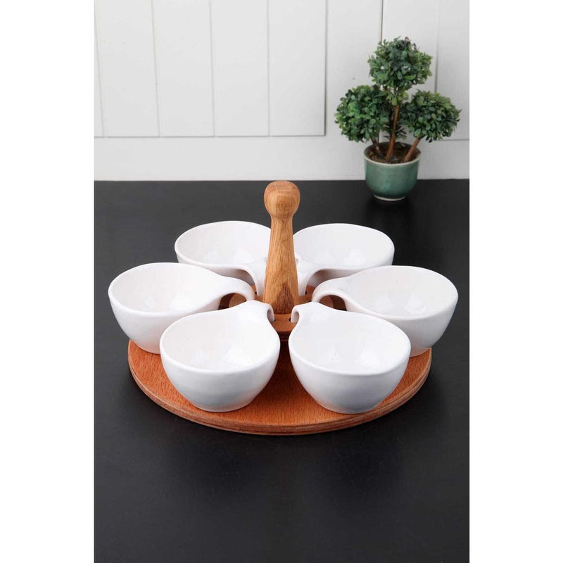 Ceramic Snack Dip Serving Bowl Set. Wooden Base Appetizers Dishes. (6 pcs)