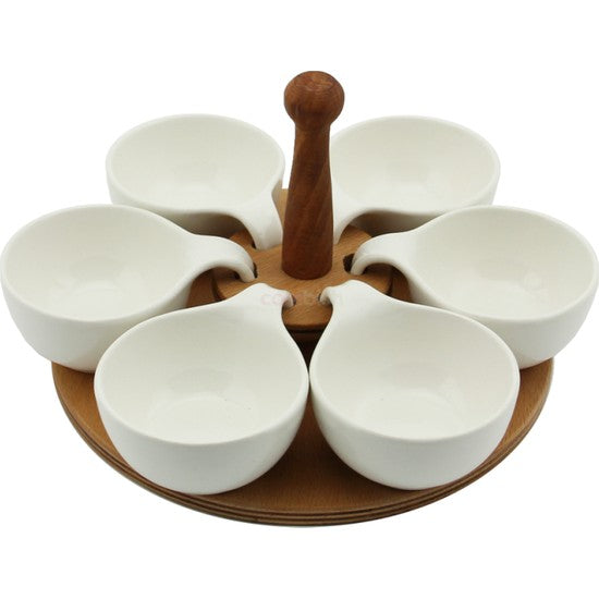 Ceramic Snack Dip Serving Bowl Set. Wooden Base Appetizers Dishes. (6 pcs)