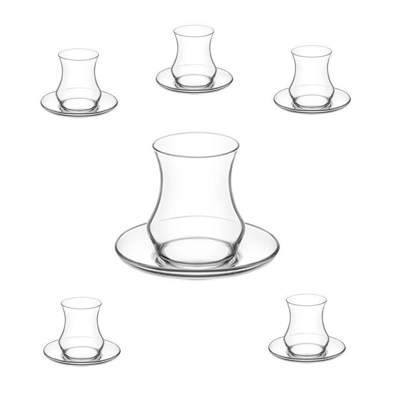 Turkish Tea Glasses & Saucers. Contemporary Glass Teacup and Saucer Set. 12 Pieces (6 Glasses & 6 Saucers)