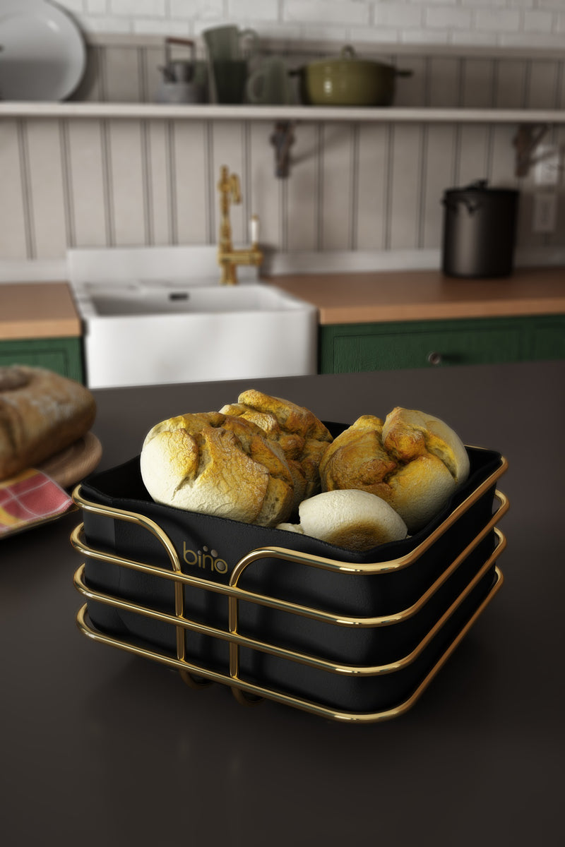 Square Kitchen Bread Basket with Fabric. Stainless Steel & Washable Fabric.
