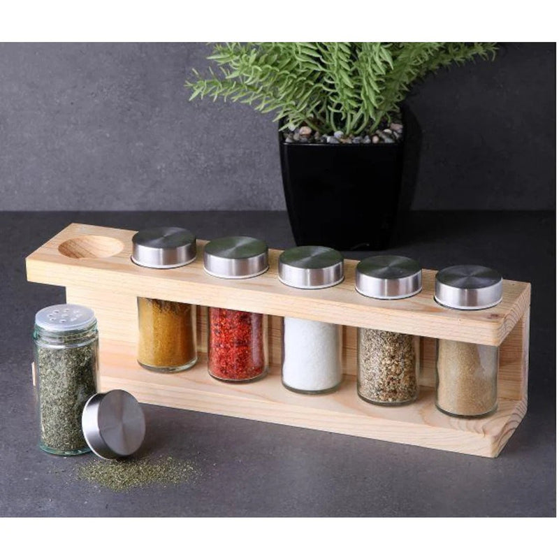 Glass Spice Jar with Wooden Bamboo Holder. Chrome Lid Spice Jars. (6 pcs)