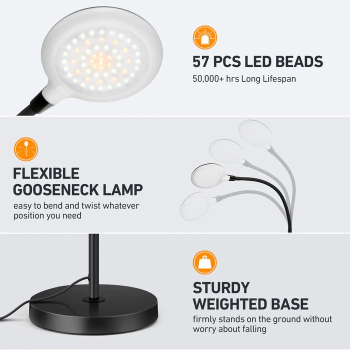 LED Floor Lamp with Adjustable Gooseneck. Height Adjustable Standing Lamp. 5 Brightness Levels & 3 Color Temperatures.