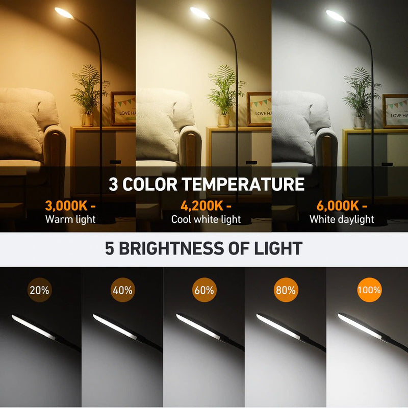LED Floor Lamp with Adjustable Gooseneck. Height Adjustable Standing Lamp. 5 Brightness Levels & 3 Color Temperatures.