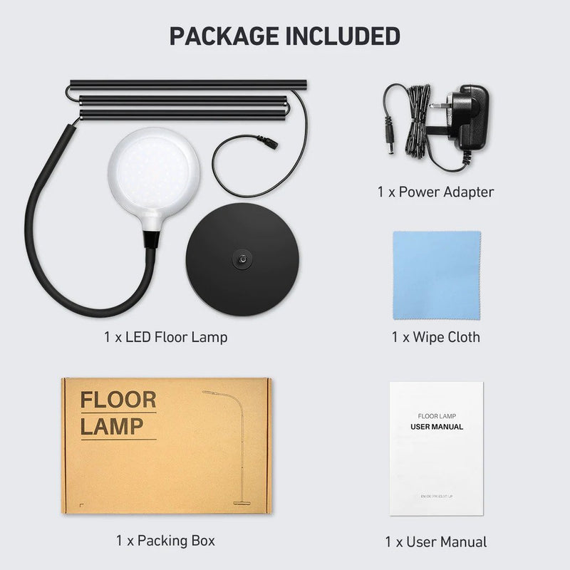 LED Floor Lamp with Adjustable Gooseneck. Height Adjustable Standing Lamp. 5 Brightness Levels & 3 Color Temperatures.