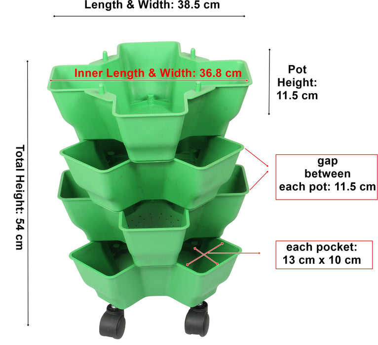 Stacking Garden Flower Tower Pot. Plastic Planter Pot with Wheels. (4x4 Pocket).