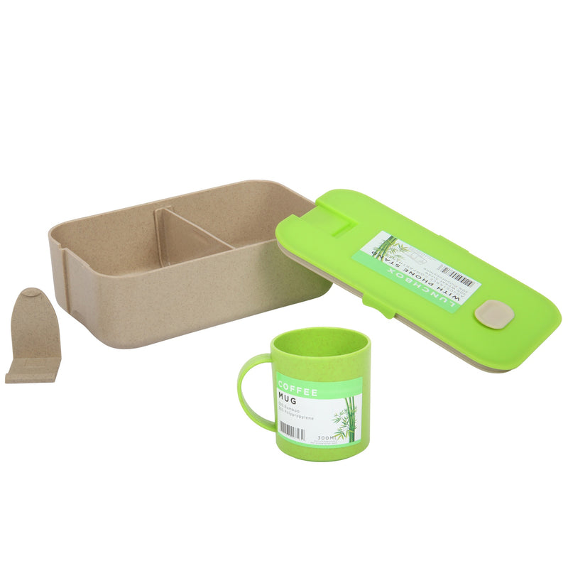 Lunch Box Set. Bamboo Reusable Lunch Box with Mug. (Green)