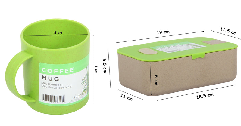 Lunch Box Set. Bamboo Reusable Lunch Box with Mug. (Green)