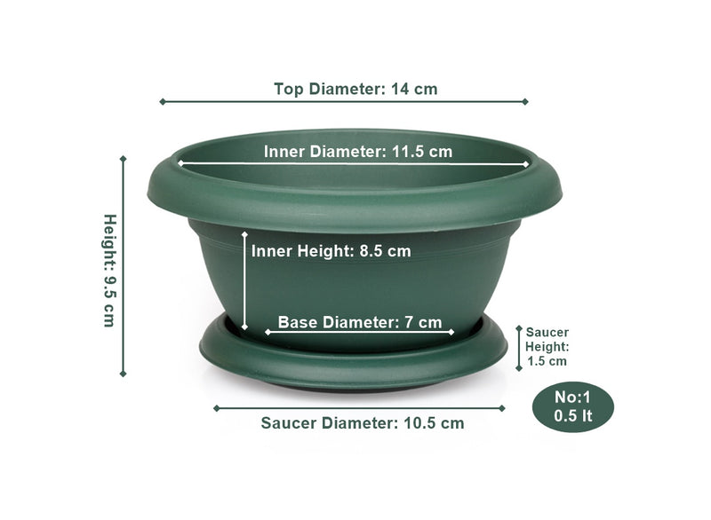 Extra Small Flower Plant Flat Pot and Saucer. Round Flat Pot Planter. (0.5 L)
