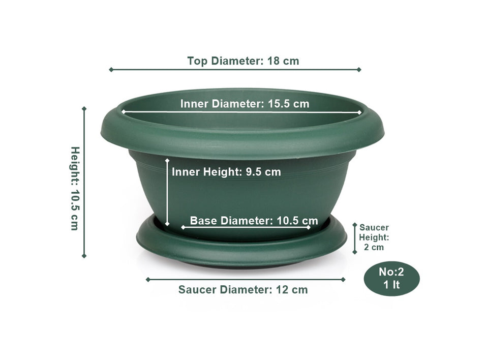 Small Flower Plant Flat Pot and Saucer. Round Flat Pot Planter. (1L)