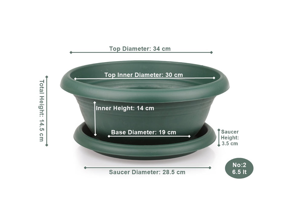 Wide Shallow Flower Pots with Saucer. Plastic Succulent Planter. (Diameter 34 cm)