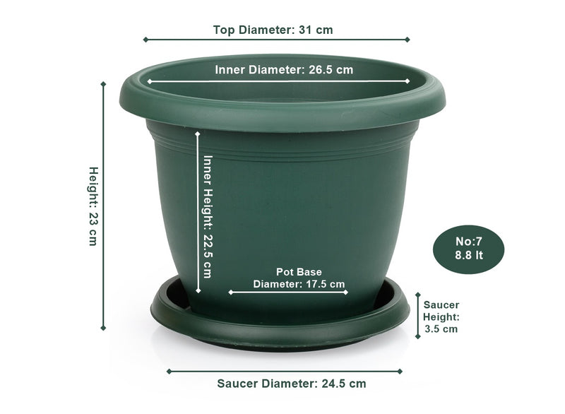 Plastic Round Flower Plant Pot and Saucer Planter. Grooved Base In/Out Multibuy.