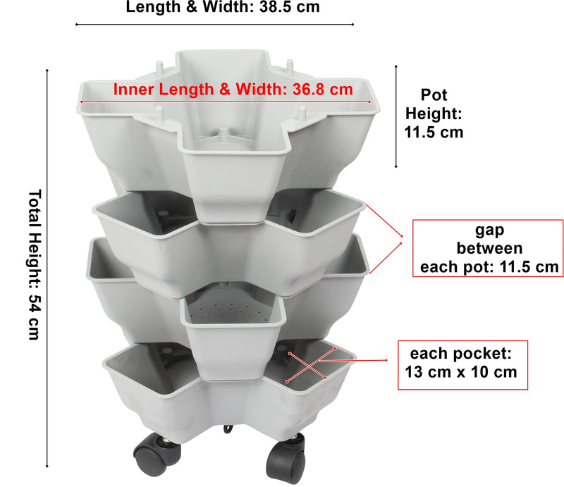 Stacking Garden Flower Tower Pot. Plastic Planter Pot with Wheels. (4x4 Pocket).