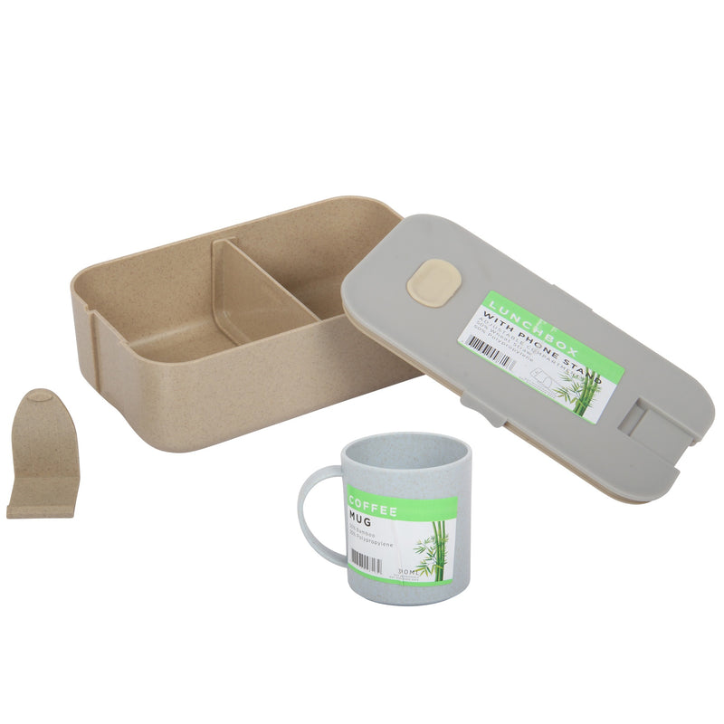 Lunch Box Set. Bamboo Reusable Lunch Box with Mug. (Grey)