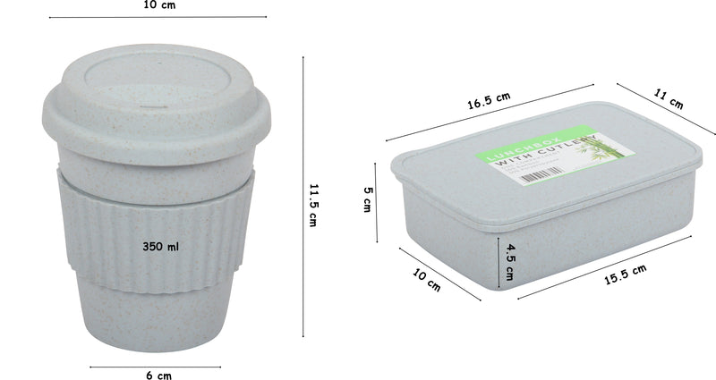 Lunch Box with Cutlery. Coffee Hot Drink Cup. Reusable Lunch Box Set. (Grey)