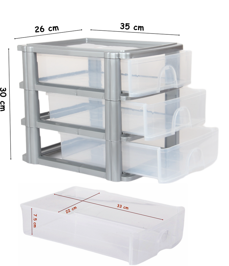 A4 Size Storage Drawers. 3 Tier Desktop Organiser. (Grey)