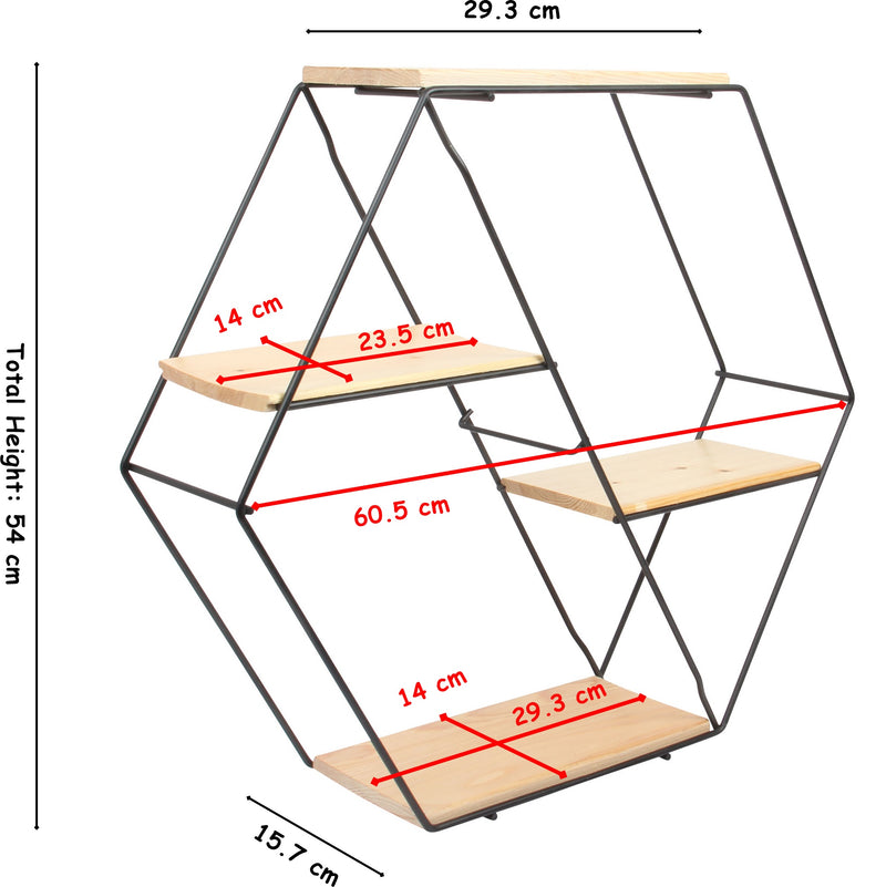 Black Hexagon Wall Shelf with 4 Levels. Floating Shelves. Honeycomb Shelf.