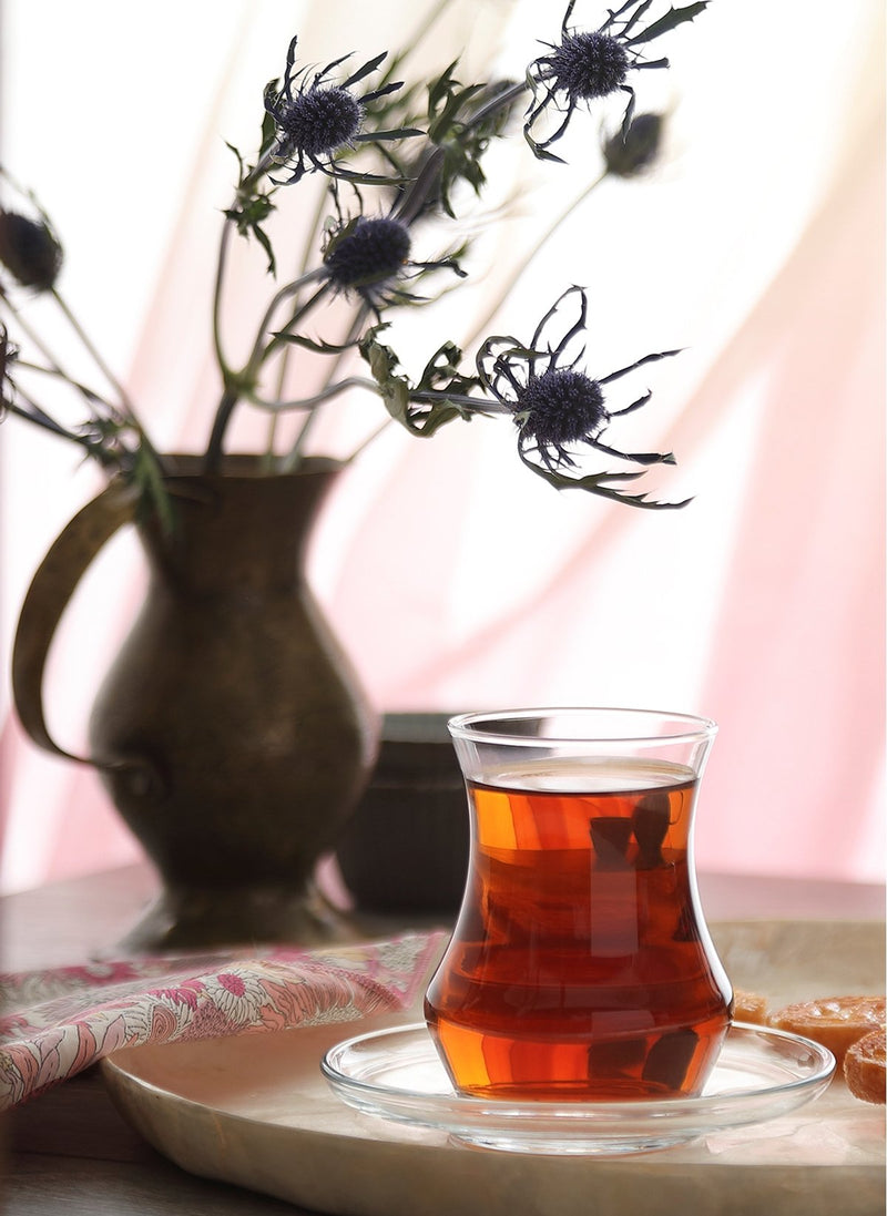 Turkish Tea Glasses & Saucers. Contemporary Glass Teacup and Saucer Set. 12 Pieces (6 Glasses & 6 Saucers)