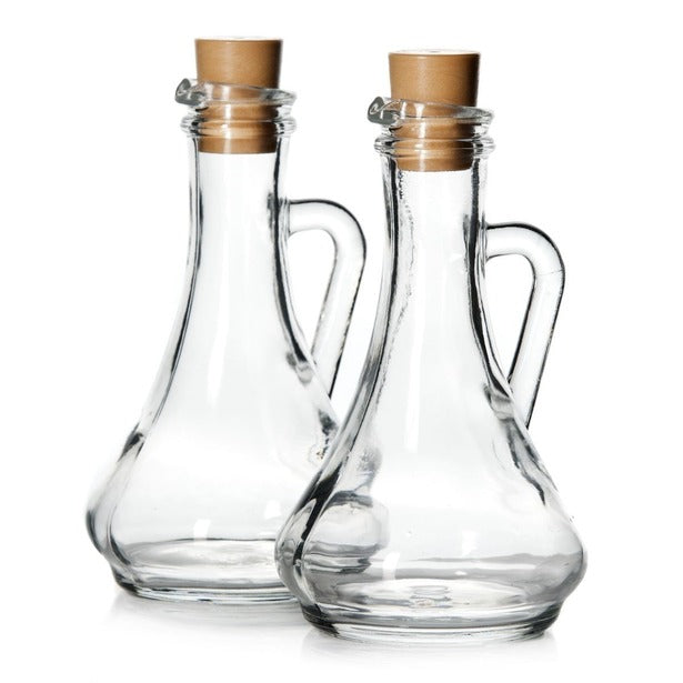 Oil & Vinegar Dispenser Set. Glass Bottle with Handle & Lid. (Set of 2) (260 cc)