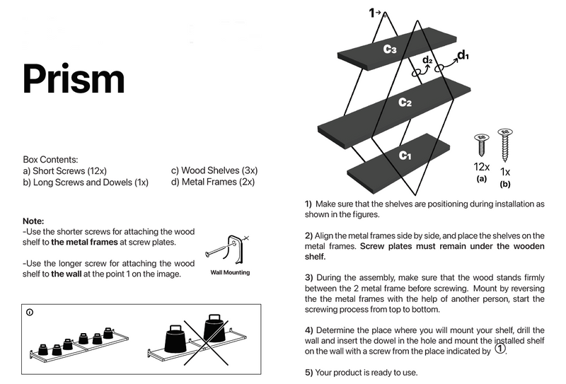 Decorative Mounted Wall Shelf. 3 Tier Prism Unit Rack. (Gold Metal & Solid Wood)